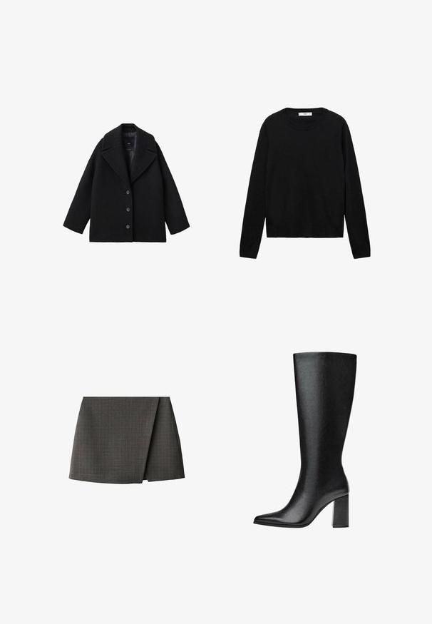 Sort uldblandet oversized frakk med brede klapper og tre forknapper, præsenteret mod en hvid baggrund.; Sort langærmet sweater lavet af blødt materiale med rund hals og ribbede manchetter, med et enkelt og lige snit design.; Gråternet mini nederdel med en indviklet design, der har en glat tekstur og lige kant. Materialet virker let og skræddersyet.; Sorte knæhøje støvler lavet af imiteret læder med spids tå, glat tekstur og en chunky blokhæl. Minimalistisk design uden synlige detaljer.
