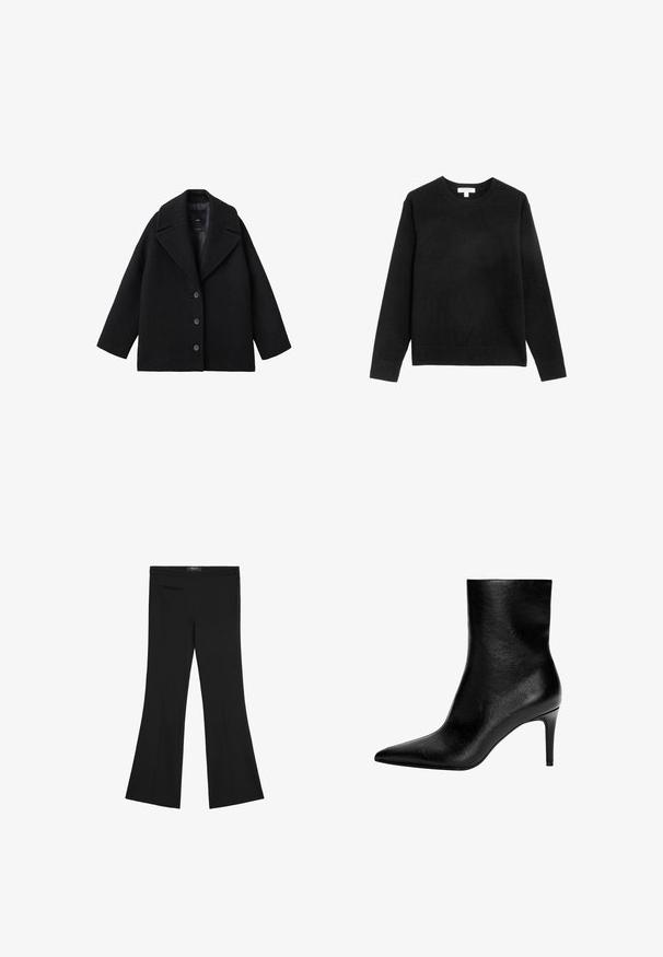 Sort uldblandet oversized frakk med brede klapper og tre forknapper, præsenteret mod en hvid baggrund.; Marks & Spencer Striktrøje - black; Sorte højtaljede bukser med let flare, front sømdetalje og en lille lynlåslomme på venstre side.; Sort læder ankelstøvle med en slank silhuet, spids tå og høj stiletthæl. Glat tekstur, minimalistisk design uden synligt hardware.