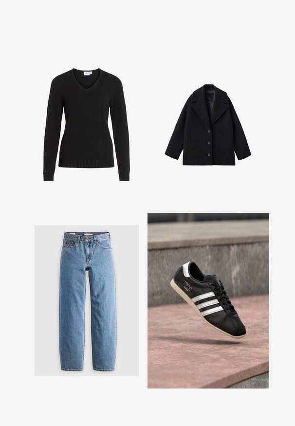 Schwarzer Wollmischung Oversized-Mantel mit breiten Revers und drei vorderen Knöpfen, vor einem weißen Hintergrund präsentiert.; Schwarzer V-Ausschnitt-Pullover aus weichem Material, mit langen Ärmeln, geripptem Saum und Bündchen sowie einem einfachen und klassischen Design.; Helleblaue Denim-Jeans mit geradem Bein, fünf Taschen, einem Reißverschluss und einer subtilen, verwitterten Textur. Klassisches Design mit minimalem Hardwareeinsatz.; Schwarzer Ledersneaker mit weißen Streifen und Sohle, geschnürt, schwebt über einer rosa gefärbten Betontfläche vor einer grauen Steinmauer im Hintergrund.