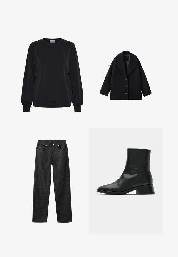Schwarzer Wollmischung Oversized-Mantel mit breiten Revers und drei vorderen Knöpfen, vor einem weißen Hintergrund präsentiert.; Schwarzer Pullover mit langen Ärmeln, Rundhalsausschnitt und gerippten Bündchen. Hat eine glatte Textur und ein dezentes Logodetail auf der Vorderseite.; Schwarze Jeans mit geradem Bein, fünf Taschen, silberner Hardware und glatter Textur.; Schwarze Ankle Boots aus glänzendem Leder, mit einem eleganten Design, spitzer Zehenpartie und einem moderaten Blockabsatz für Stabilität.