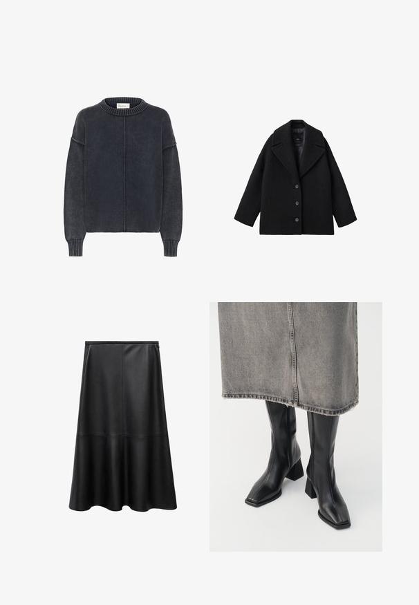Sort uldblandet oversized frakk med brede klapper og tre forknapper, præsenteret mod en hvid baggrund.; Mørkegrå, tekstureret sweater med rund hals og lange ærmer, der har en central søm nedad foran. Klassisk, afslappet stil.; Sort lædernederdel, A-formet, knælang, glat tekstur, sømdetaljer, flared kant og usynlig lynlås lukning bagpå.; Sorte knæhøje støvler i glat læder med firkantet tå og blokeret hæl. Båret med en grå denimnederdel med flosset kant.