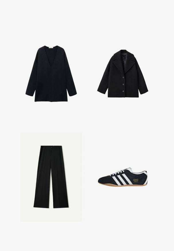 Sort uldblandet oversized frakk med brede klapper og tre forknapper, præsenteret mod en hvid baggrund.; Sort, løstsiddende V-hals top med lange ærmer, lavet af blødt stof. Enkel design med lige kant og uden tydelige mønstre eller detaljer.; Bershka WIDE - Bukser - black; Sort ruskinds sneaker med hvide tre striber, guldlogo og en brun gummisål. Har et lavprofil snørebåndsdesign.