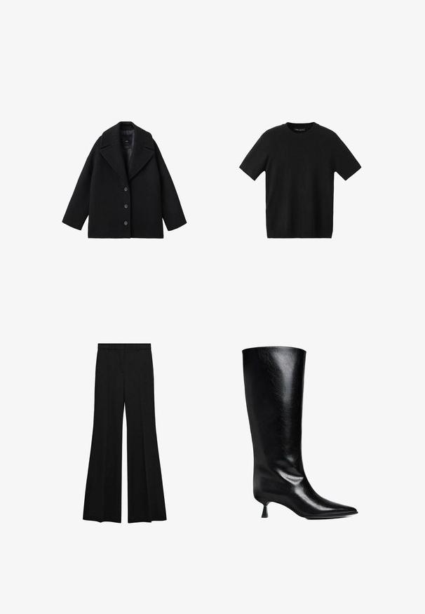 Schwarzer Wollmischung Oversized-Mantel mit breiten Revers und drei vorderen Knöpfen, vor einem weißen Hintergrund präsentiert.; Schwarzes kurzärmliges Strick-T-Shirt mit Rundhalsausschnitt, mit tailliertem Schnitt und glatter Textur, geeignet für den Freizeitstil.; Schwarze High-Waist-Hose mit weit ausgestellten Beinen, Gürtelschlaufen und vorderer Bügelfalten-Detailierung auf weißem Hintergrund.; Schwarze Lederstiefel bis zum Knie mit spitzem Zehenbereich, schlanker Silhouette und niedrigem Blockabsatz mit glänzender Oberfläche.