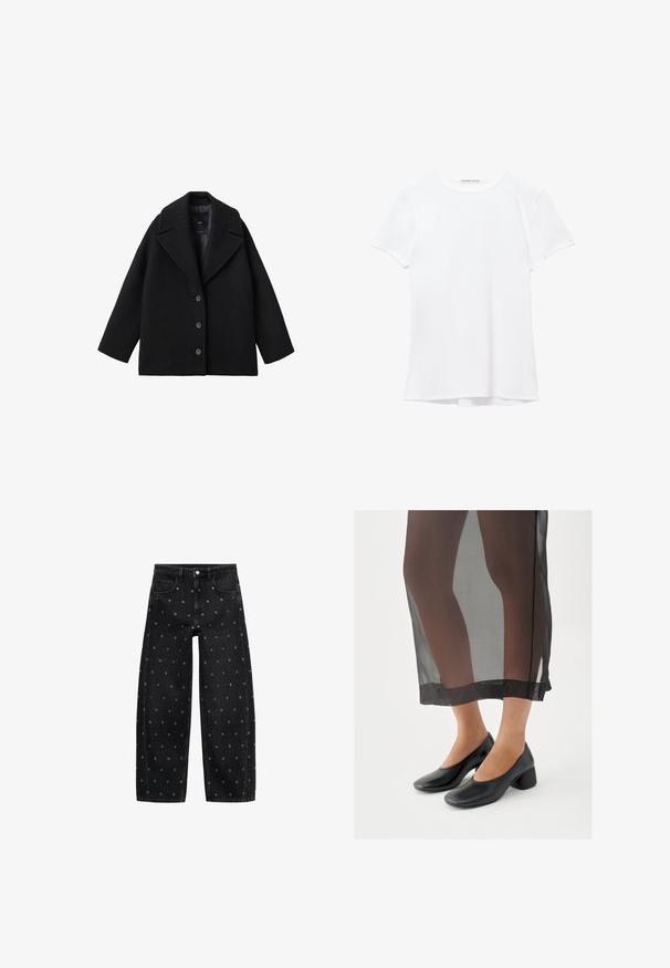 Sort uldblandet oversized frakk med brede klapper og tre forknapper, præsenteret mod en hvid baggrund.; Hvid kortærmet t-shirt lavet af glat stof, med rund halsudskæring og diskrete syninger ved kanten.; Sorte denim bukser med lige ben med metaløjeudsmykning jævnt fordelt på stoffet, med forlommer og bæltestropper.; Sorte sko med blokhæle og glat læderfinish, båret med et gennemsigtigt sort skørt med en ren kant og minimalistisk design.
