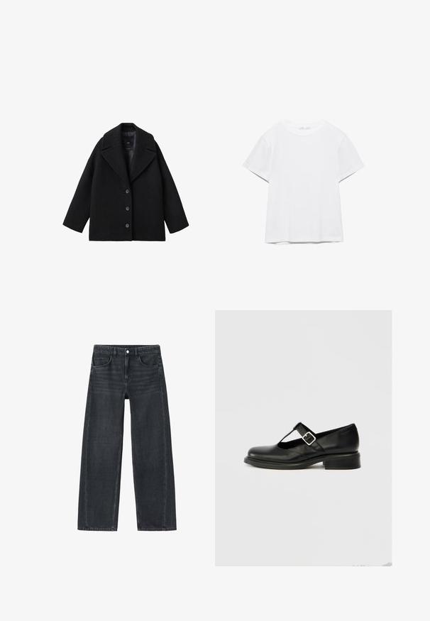 Schwarzer Wollmischung Oversized-Mantel mit breiten Revers und drei vorderen Knöpfen, vor einem weißen Hintergrund präsentiert.; Unifarbenes weißes T-Shirt mit kurzen Ärmeln und Rundhalsausschnitt, gerader Saum, dargestellt auf weißem Hintergrund.; Weite Jeans aus dunkelgrauem Denim. Mit Fronttaschen und klassischem Fünf-Taschen-Design. Mit Knopfverschluss und dezenten Ausbleichdetails.; Schwarzer Mary-Jane-Schuh aus Leder mit runder Zehenpartie, T-Riemen-Design, verstellbarer Schnalle und niedrigem, gestapeltem Absatz. Glatte Textur mit minimalen Details.