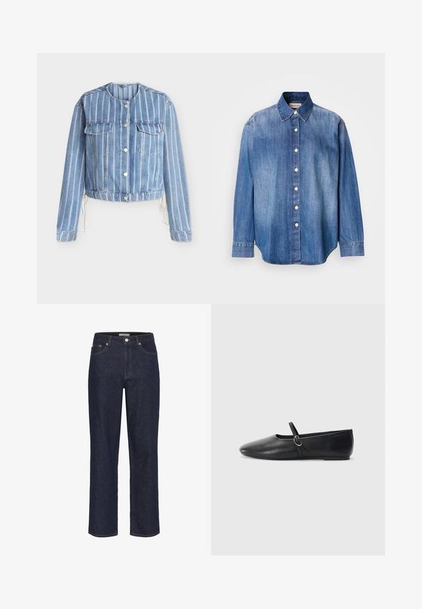 Hellblaue Jeansjacke mit vertikalen weißen Streifen, rundem Kragen, vorderer Knopfleiste, Brusttaschen und seitlichen Kordelzügen.; Denim Knopfhemd, hellblaue Farbe, lange Ärmel, klassischer Kragen, Vorderknöpfe und leicht abgerundeter Saum. Glatte Textur.; Gestuz SUMMER WIDE - Wide Leg - unwashed denim; Schwarze Leder-Ballettschuhe mit spitzem Schuhzeug, flacher Sohle und einem kleinen Riemen mit silberner Schnalle.