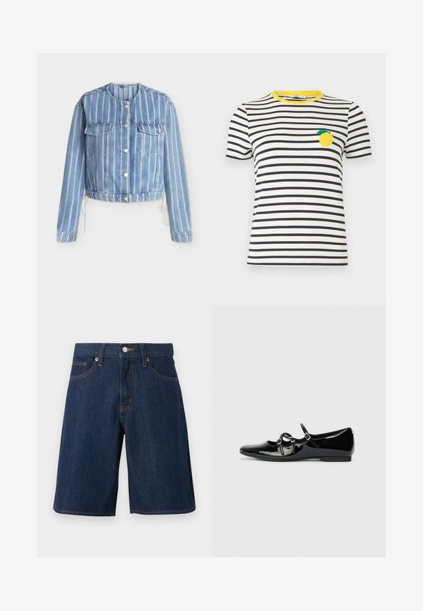 Veste en jean bleu clair avec des rayures blanches verticales, col rond, fermeture à boutons sur le devant, poches sur la poitrine et côtés avec cordon de serrage.; T-shirt à manches courtes à rayures horizontales blanches et noires avec un col jaune et un écusson en forme de citron sur le côté gauche de la poitrine.; Short en jean bleu foncé avec poches avant, passants de ceinture, bouton en métal et coutures orange sur fond blanc uni.; Des chaussures plates en cuir verni noir avec un bout pointu, un design à double bride avec des boucles carrées et un talon bas. Surface lisse.