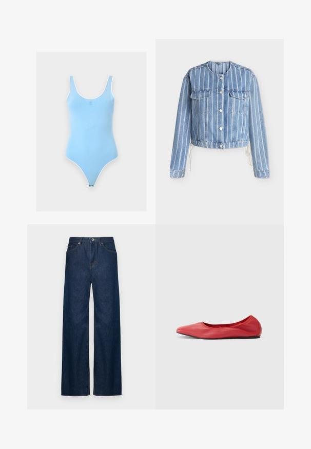 Veste en jean bleu clair avec des rayures blanches verticales, col rond, fermeture à boutons sur le devant, poches sur la poitrine et côtés avec cordon de serrage.; Body sans manches bleu clair avec encolure dégagée et bordure blanche, avec un petit logo centré sur la poitrine.; Jeans en denim bleu à jambes larges avec des coutures orange, taille haute et fermeture à bouton à l'avant. Fabriqué en tissu denim robuste.; Filippa K REY FLATS - Ballerines - bright red