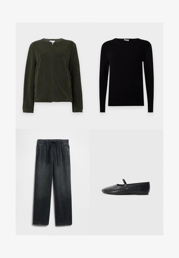 Tummanvihreä fleece-takki, jossa on pitkät hihat, pyöreä kaula-aukko ja etuvetoketju, esitelty valkoista taustaa vasten.; Mustat pitkähihainen crewneck-paita ribbikankaasta. Yksityiskohtina istuvat hihat ja sileä pinta. Yksinkertainen, minimalistinen muotoilu.; Musta denimhousut, joissa on joustava vyötärönauha ja kiristysnaru, leveälahkeinen malli ja hienovarainen haalistus. Mukana kaksi sivutaskua.; Mustat nahkakengät, joissa on kärki terävä, litteä pohja ja pieni hihna, jossa on hopeinen solki.