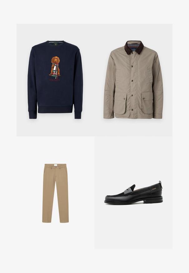 Hackett London VELO - Ľahká bunda - putty beige; Námornícky sveter s dlhými rukávmi, na ktorom je zobrazený hnedý pes držiaci károvaný šál; pod dizajnom je červený text "Hackett". Mäkký bavlnený materiál.; Béžové nohavice s hladkým povrchom, rovný strih, predné vrecká a zapínanie na gombík. Označenie viditeľné na páse.; Čierny kožený mokasín so sivým remienkom, nízkym podpätkom a textúrovanou podrážkou, so značkou "HUGO" v zlatej farbe na boku.