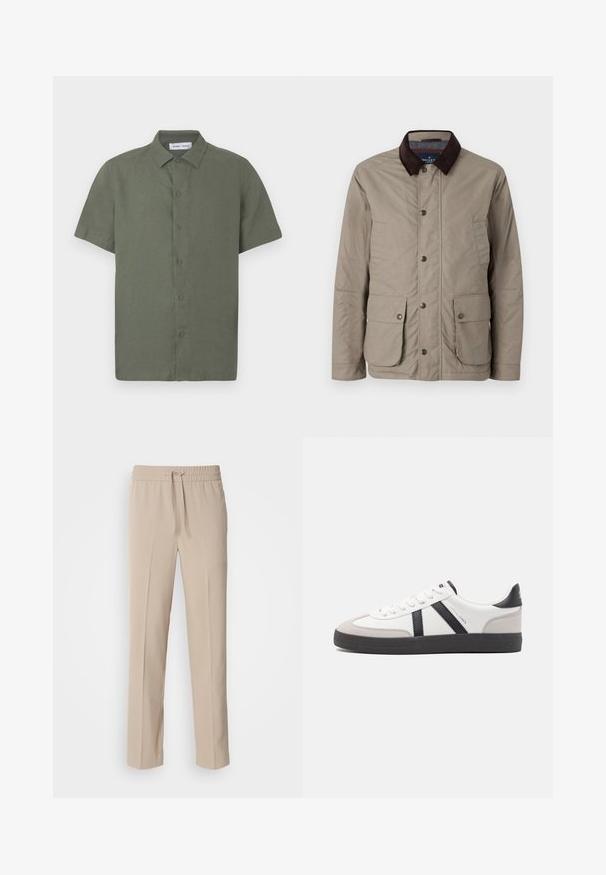 Hackett London VELO - Overgangsjakke - putty beige; Kortærmet skjorte i olivengrøn lavet af struktureret stof, med knaplukning foran og en klassisk krave.; Beige, afslappede bukser lavet af blødt materiale, med elastisk talje og snøre samt lige ben med minimale detaljer.; Hvide sneakers med sorte og grå detaljer, med en tekstureret grå tåhætte, sort gummisål og flade hvide snørebånd. Rent design, minimalistisk stil.