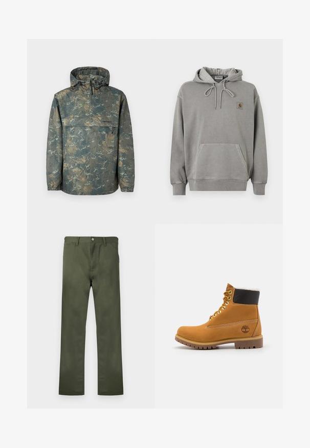 Veste légère à imprimé camouflage avec capuche, fermeture éclair à moitié sur le devant, poignets élastiques et cordons de serrage réglables. Fabriquée en matériau résistant à l'eau.; Sweat à capuche Carhartt gris clair avec poche ventrale kangourou, capuche à cordon, poignets côtelés et petit logo de la marque sur la poitrine.; Pantalon vert olive en tissu durable, avec une coupe droite, des poches avant et une fermeture à bouton. Texture lisse.; Bottine en cuir brun avec œillets en métal, doublure en fourrure blanche, col rembourré noir, semelle robuste et logo en relief sur le côté.
