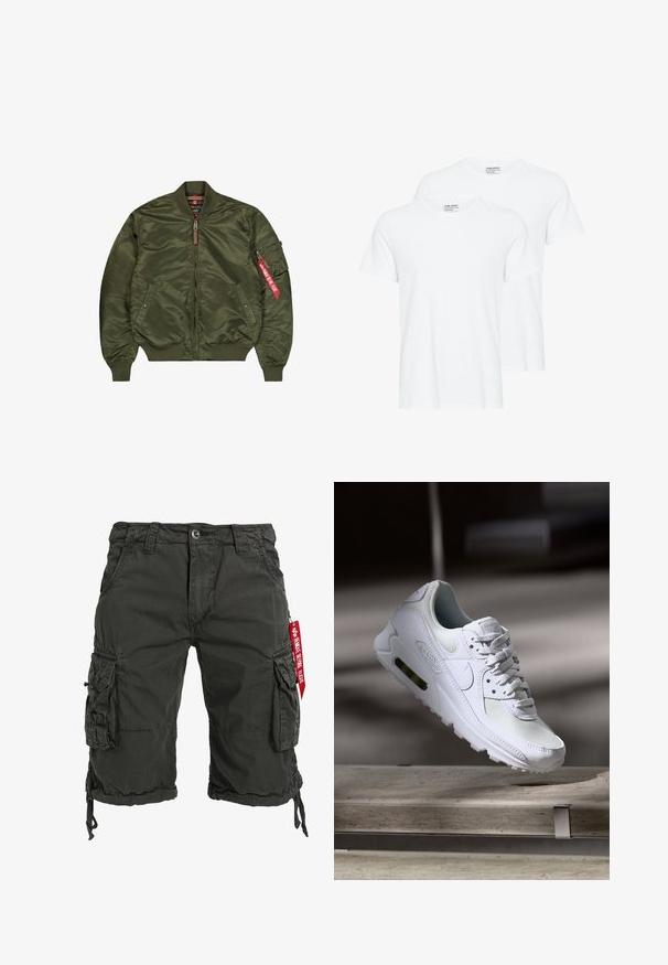 Chaqueta bomber verde oliva con cuello, puños y bajo acanalados, cremallera frontal, dos bolsillos laterales y bolsillo con cremallera en la manga con etiqueta roja.; Dos camisetas blancas lisas de manga corta y cuello redondo superpuestas sobre un fondo blanco.; Bermudas cargo de color verde oscuro fabricadas con tejido resistente, que cuentan con múltiples bolsillos laterales, un dobladillo con cordón y un acento de etiqueta roja.; Zapatilla Nike Air Max 90 blanca con parte superior de malla y cuero, caja de puntera perforada y unidad de aire visible en el talón.