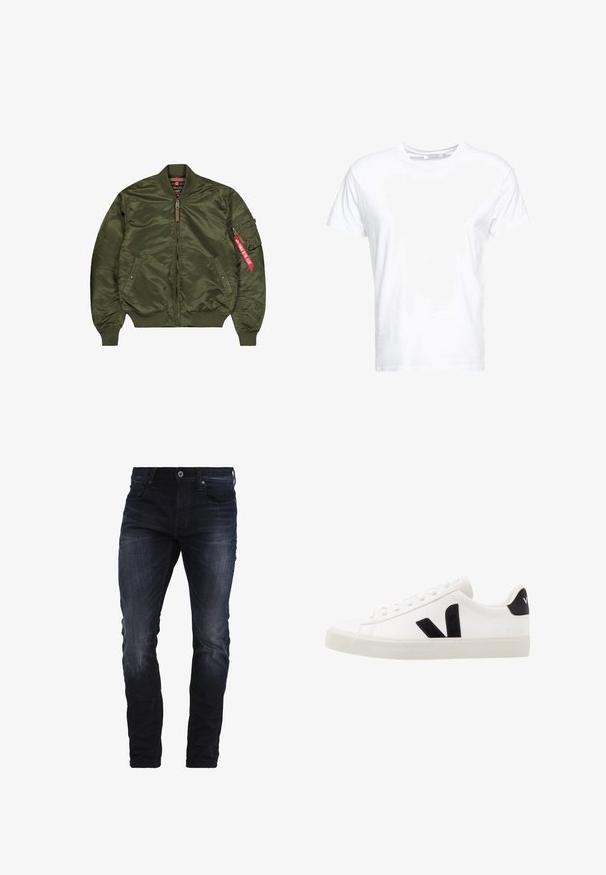 Veste bomber vert olive avec col, poignets et ourlet côtelés, fermeture éclair devant, deux poches latérales et une poche zippée sur la manche avec une étiquette rouge.; T-shirt en coton blanc avec un col rond et des manches courtes, au fit classique et à la texture lisse. Aucun motif ni accessoire visible.; Jeans slim-fit bleu foncé avec un léger délavage sur les cuisses et les genoux, dotés de poches avant, de passants de ceinture et d'une fermeture à bouton.; Sneaker blanche en cuir avec des accents en daim noir ; dispose d'une semelle en caoutchouc, d'un bout rond et d'un design classique à lacets. Logo latéral en noir.