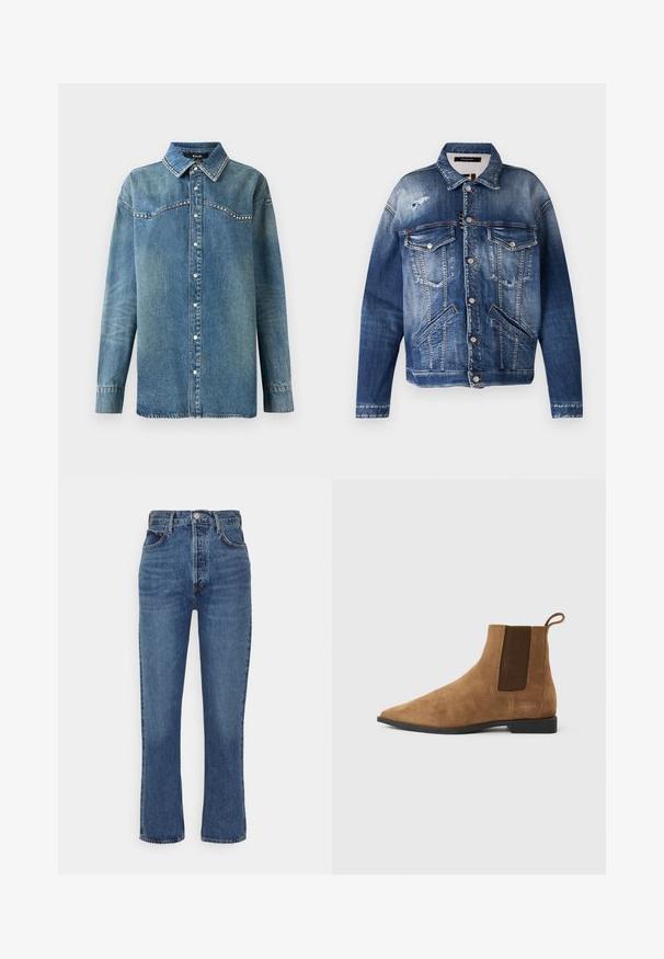 Jeansjack in verschillende tinten blauw, met een versleten afwerking, twee borstzakken, zijzakken, zichtbare stiksels en metalen knopen.; Blauwe denim overhemd met lange mouwen, drukknoopsluiting, puntige kraag en strass-details langs de schouderpas en kraagranden.; Blauwe high-waisted spijkerbroek van denim, met een recht pijpdesign, vijf zakken en een metalen knoopsluiting.; Bruine suède enkellaars met puntige neus, elastisch zijpaneel en kleine hak. Voorzien van een treklus aan de achterkant en subtiele merkdetails.