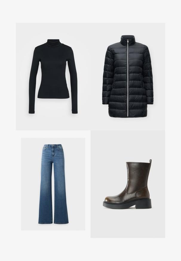 Sort quiltet lang vatjakke med høj krave, frontlynlås og sidelommer på en ensfarvet lys baggrund.; Sort langærmet ribbestrikket sweater med høj hals og tætsiddende silhuet på en lys ensfarvet baggrund.; Blå høj talje vidde jeans med frontknap og lynlås, to forlommer og et klassisk fem-lomme design.; Mørkebrune læderstøvler til midten af læggen med rund tå, tyk sort sål, lav blokhælel og en trækflap bagpå.
