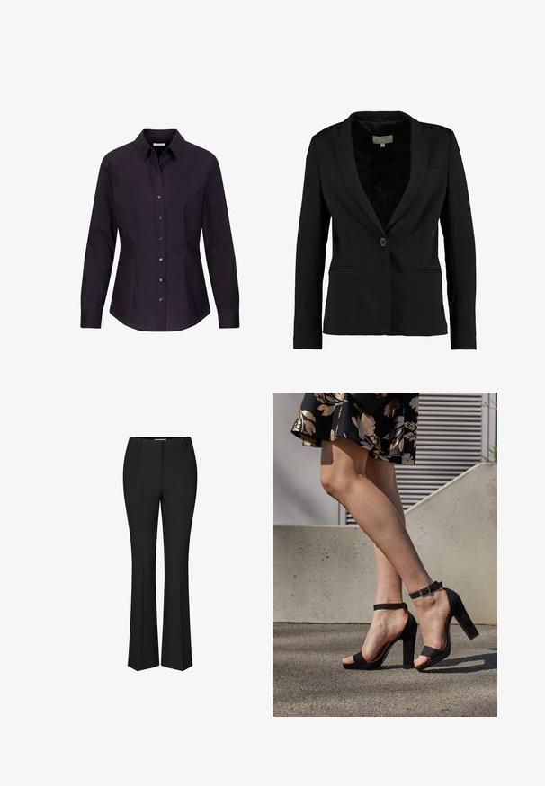 Zwarte blazer van gladde stof, met een enkele knoopsluiting, notch-kraag en twee voorzakken met een getailleerde pasvorm.; Zwarte damesblouse met lange mouwen, aangesloten pasvorm, knoopsluiting, kraag en naaddetails aan de zijkanten, getoond op een witte achtergrond.; Zwarte rechte pantalon met riemlussen en een vlakke voorkant, afgebeeld tegen een witte achtergrond. Geen persoon zichtbaar.; Zwarte suède hoge hakken sandalen hebben een enkelband met een gesp, een open teenontwerp en een chunky hak. Glad textuur en minimalistische stijl.