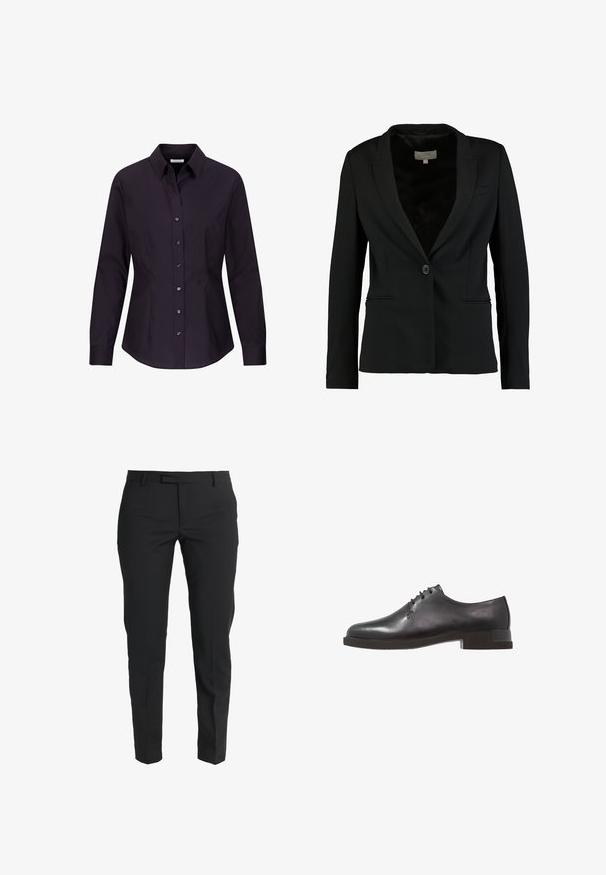 Sort blazer lavet af glat stof, med en enkelt knaplukning, slidser, og to frontlommer samt en skræddersyet pasform.; Sort, langærmet, figursyet dame skjorte med knapper, krave og sømdetaljer på siderne, vist på hvid baggrund.; Sorte skræddersyede bukser lavet af glat stof, med slim fit, lige ben, sidelommer og en flad front med lynlås.; Sorte læder dress sko med en glat finish, rund tå og lav blokhæl, med minimal snøring for et strømlinet udseende.