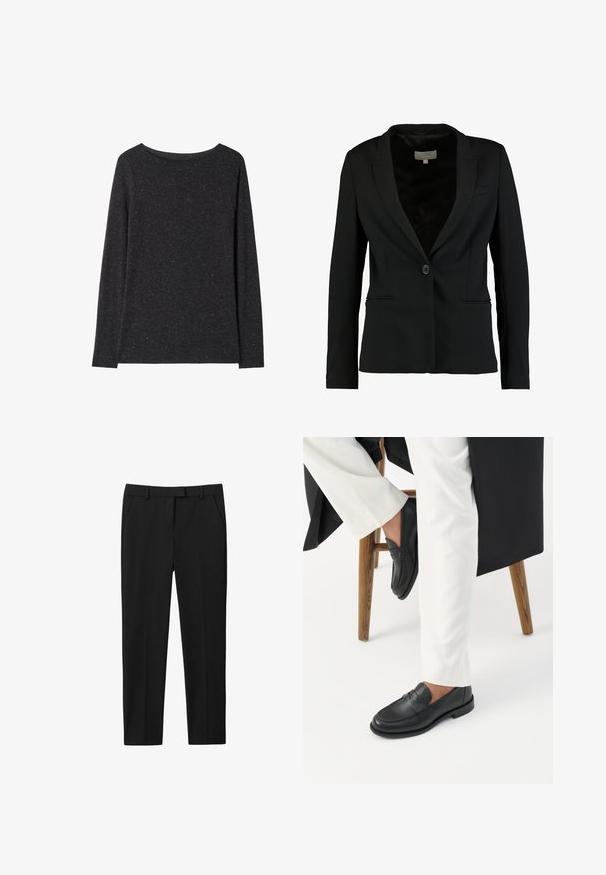 Blazer negro de tela suave, con cierre de un solo botón, solapas de muesca y dos bolsillos frontales, con un ajuste entallado.; Jersey gris oscuro de manga larga con cuello redondo y textura ligeramente jaspeada, mostrado plano sobre un fondo blanco.; Pantalones negros con un diseño ajustado, con frente plano, dos bolsillos laterales y corte recto. Fabricados en un tejido suave con un brillo sutil.; Persona con mocasines de cuero negro y pantalones blancos sentada en un taburete de madera contra un fondo blanco.