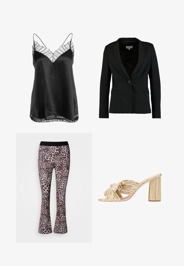 Blazer noir en tissu lisse, doté d'une fermeture à un bouton, de revers crantés et de deux poches avant, avec une coupe ajustée.; Camisole en satin noir avec un décolleté en V et une bordure en dentelle rayée transparente le long du col et de l'ourlet, avec de fines bretelles ajustables.; Pantalon évasé imprimé léopard en tissu doux, doté d'une ceinture élastique noire. Le motif comprend des taches marron foncé et clair sur un fond beige.; Mules dorés à talons blocs texturés avec un détail avant noué et un design ouvert, présentant un tissu plissé et des accents lisses.