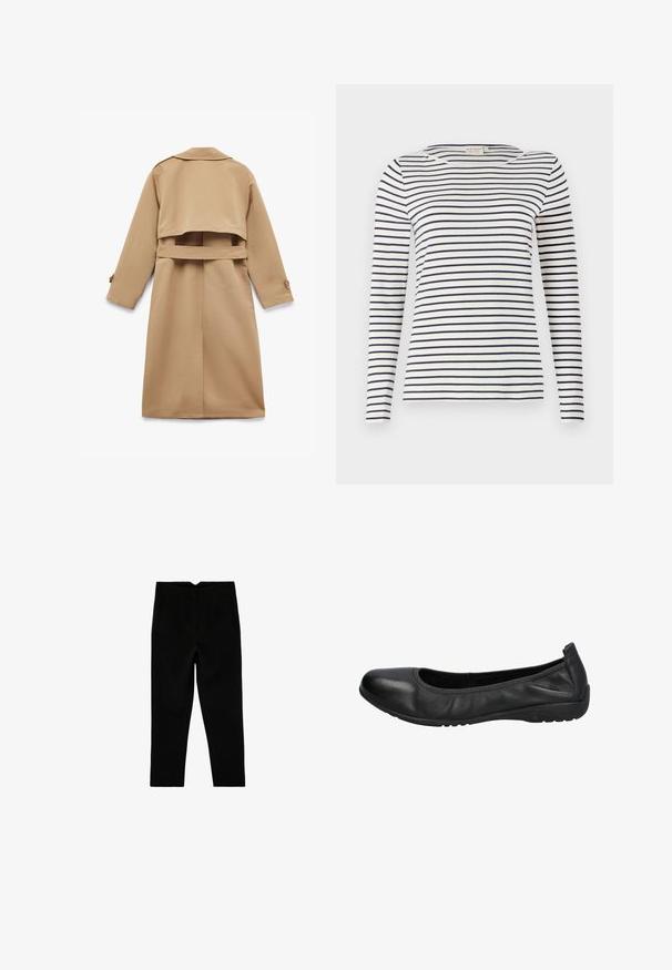 Tan trenchcoat med en kortet design, lange ærmer og en bæltemidje. Har en klassisk krave og knapmanchetter. Glat tekstur.; Langærmet stribet skjorte lavet af blødt stof, med marineblå og hvide vandrette striber, rund halsudskæring og en slim-fit design.; Sorte skræddersyede ankelkorte bukser med sidelommer og let tilspidset ben, vist fladt på en hvid baggrund.; Sorte læder balletflade med rund tå, glat overflade og en let elastisk kant for komfort. Gummisål for godt greb.