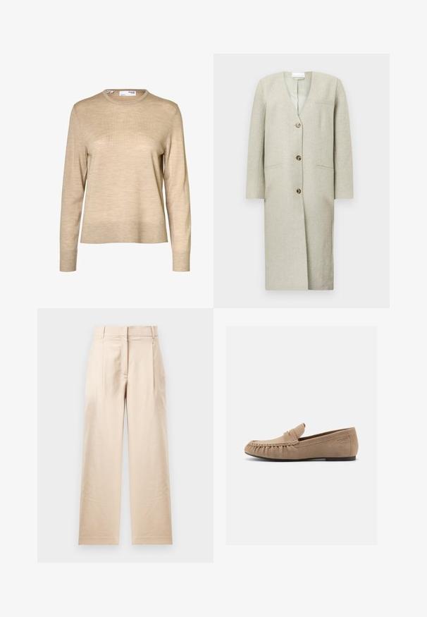 Manteau long gris clair avec un décolleté en V, trois boutons, deux poches latérales et des épaules structurées. Confectionné dans un tissu doux et texturé.; Pull en laine beige à manches longues avec col rond et poignets et ourlet côtelés, présenté sur fond blanc.; Pantalon beige en tissu lisse. Présente une coupe droite, un devant plat et deux plis. Sans motifs visibles ni accessoires.; Mocassin beige en cuir suédé pour homme avec couture mocassin, semelle plate et détail de lanière penny, présenté en profil latéral sur fond blanc.