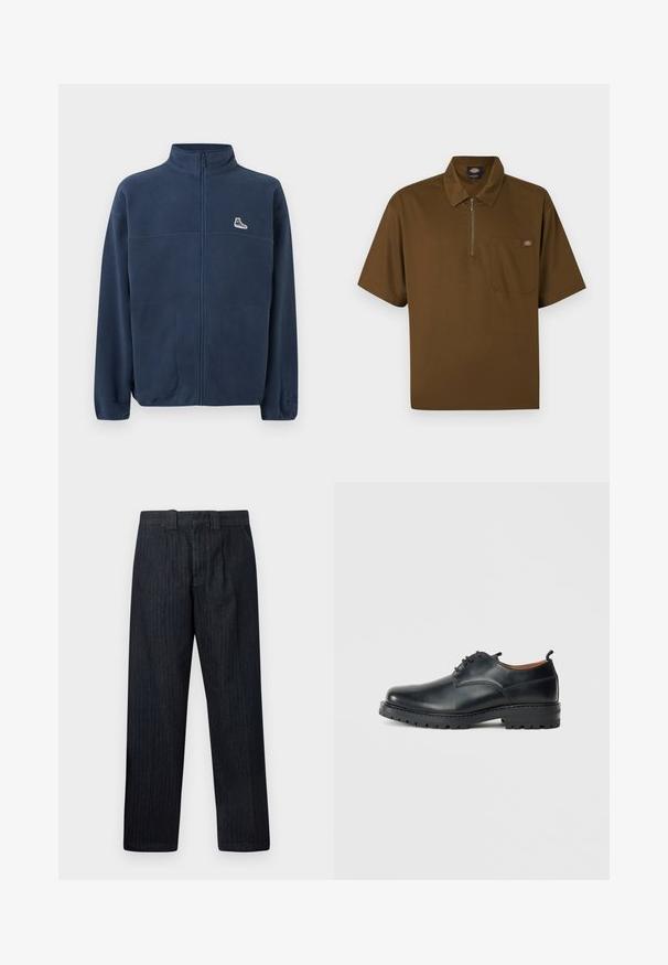 Mørkeblå fleecejakke med fuld lynlås, høj krave, to forlommer, lille hvid sneakerlogo på venstre bryst og subtilt præget logo på venstre ærme.; Brun kortærmet polo med lynlås foran, brystlomme med logo-patch og klassisk krave.; Mørkeblå bukser med lige ben, høj talje og bæltestropper, vist mod en ensartet hvid baggrund.; Sorte læder derby-sko med en glat overflade, rund tå, snøre-design og en tyk, robust gummisål.