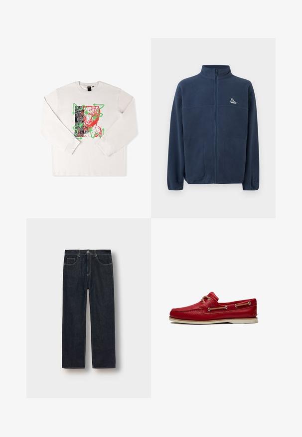 Veste polaire bleu marine zippée intégralement avec col montant, deux poches avant, petit logo de sneaker blanche sur la poitrine gauche et logo discret embossé sur la manche gauche.; T-shirt à manches longues blanc avec un imprimé graphique aux accents rouges et verts, un design abstrait et un fond noir motif.; Jean droite bleu foncé en denim, avec passants de ceinture, poches avant et coutures contrastées. Design minimaliste sans embellissements.; Chaussure bateau en cuir rouge avec semelle beige, coutures moc toe, et lacets en cuir marron passés à travers des œillets métalliques sur les côtés et le dessus.