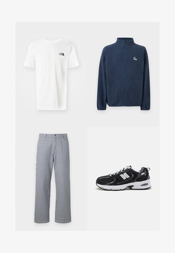 Chaqueta de forro polar azul marino con cremallera completa, cuello alto, dos bolsillos frontales, pequeño logo de zapatilla blanca en el pecho izquierdo y logo embosado sutil en la manga izquierda.; Camiseta de algodón de manga corta blanca. Presenta un pequeño logo negro en el lado izquierdo del pecho. Bajo recto y cuello redondo.; Pantalones de pierna recta con rayas verticales en gris y blanco, con bolsillos delanteros y cintura con cierre de botón.; Zapatillas deportivas en negro y gris con parte superior de malla y ante, que cuentan con una entresuela blanca, cordones y un llamativo logo "N" en el lateral.