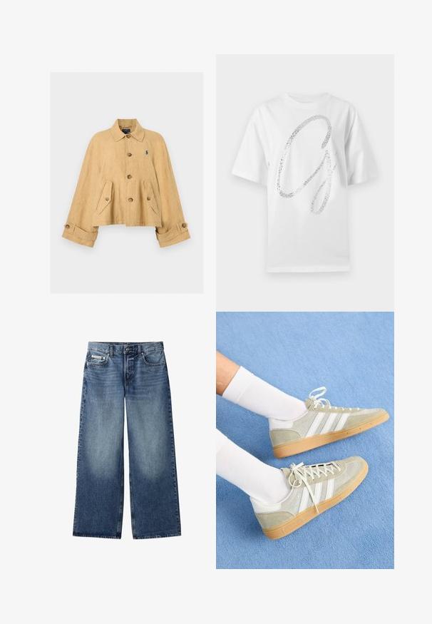 Beige linnen knoopjas met wijde mouwen, twee voorzakken met kleppen en klein donker logo op de linkerborst.; Wit katoenen T-shirt met korte mouwen en een grote zilveren glitterende afbeelding van de letter "G" aan de voorkant.; Blauwe wijde denim jeans met knoop aan de voorkant, rits, riemlussen en vijfzakkenontwerp, inclusief een klein Calvin Klein-logo op het muntzakje.; Lichtgrijze suède sneakers met witte rubberaccenten, featuring drie witte strepen en een gumsole, gedragen met witte sokken op een blauwe achtergrond.