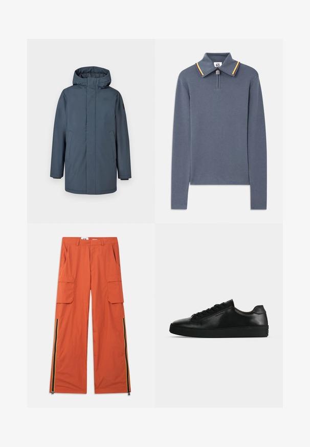 Parka imperméable bleu marine avec capuche, fermeture éclair à l'avant et poches latérales. Présente des poignets ajustables et une texture lisse.; Polo à manches longues bleu avec col zippé, présentant un col à rayures contrastées en rouge, jaune et vert. Texture en maille lisse.; Pantalon cargo orange avec deux poches latérales et un design à jambes larges. Caractérisé par des rayures verticales en bleu, jaune et rouge le long des coutures.; Basket basse en cuir noir avec lacets noirs et semelle épaisse noire, vue de profil sur fond gris clair.