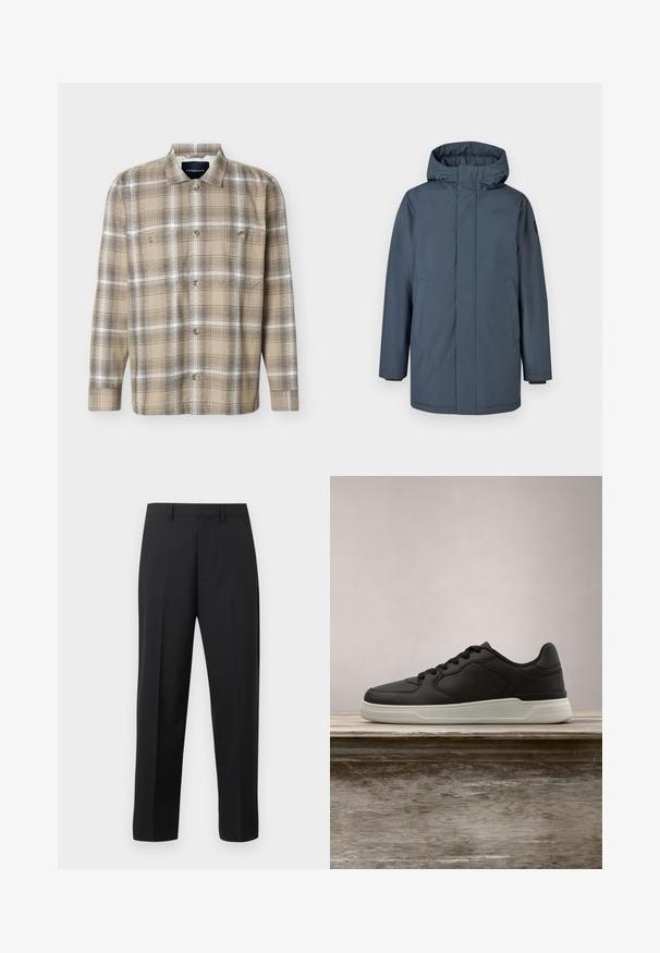 Parka imperméable bleu marine avec capuche, fermeture éclair à l'avant et poches latérales. Présente des poignets ajustables et une texture lisse.; Chemise à manches longues à carreaux beige et marron, avec boutons sur le devant et deux poches poitrine, présentée sur un fond blanc.; Pantalon droit noir avec passants de ceinture, pli avant et braguette zippée sur fond blanc.; Baskets noires avec semelle blanche suspendues au-dessus d'un banc en bois, avec un feuillage vert en arrière-plan flou.