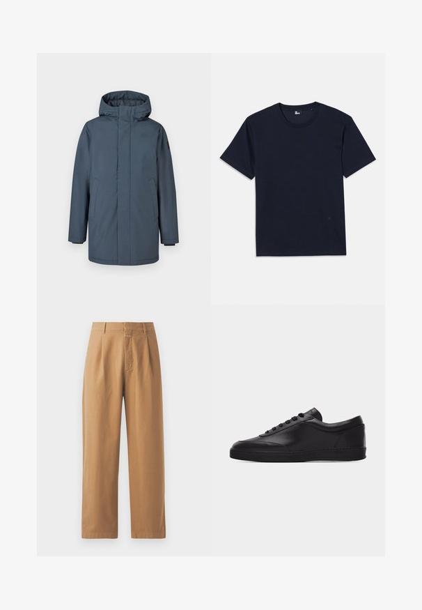Parka imperméable bleu marine avec capuche, fermeture éclair à l'avant et poches latérales. Présente des poignets ajustables et une texture lisse.; T-shirt en coton bleu marine à manches courtes, col rond et détails de couture minimes. Design simple sans motifs ni accents visibles.; Pantalons marron à jambes larges en tissu lisse. Présentent une taille haute avec des plis, des passants de ceinture et une poche avant.; Baskets basses en cuir noir avec lacets sur le devant et semelle en caoutchouc plate, vues de côté sur un fond blanc uni.