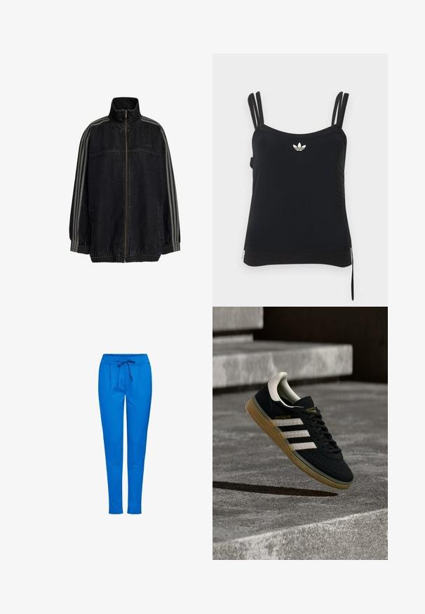 Sort denimjakke med høj krave, frontlynlås, elastiske manchetter og sidelommer. Har grå stribede detaljer på ærmerne.; Sort atletisk tanktop med tynde, justerbare stropper, rynket detaljer i siden og et lille hvidt Adidas-logo på brystet. Glat stoftekstur.; Blå joggingbukser lavet af blødt stof, med elastisk talje og snøre, to forlommer og smal bendesign.; Sort ruskindssneaker med hvide striber og gyldent logo, med en tekstureret gummisål i karamel og en kontrasterende cremefarvet hæltab.