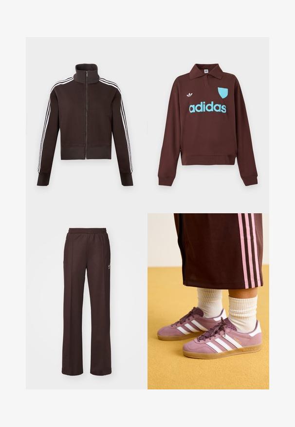 Brun lynlåsjakke med høj krave, der har hvide side striber og ribstrikkede manchetter og kant. Blødt stof med en tætsiddende pasform.; Brun sweatshirt med polo krave, der har en lys blå "adidas" logo og skjolddetalje, lavet af blødt stof med en afslappet pasform.; Brune træningsbukser med elastisk talje, to sidelommer og et lille logo på venstre side, lavet af et blødt stof.; Lilla ruskindsneakers med hvide striber, gummisål og teksturerede detaljer, parret med ribbede hvide sokker og en brun træningsbuks med lyserøde striber.