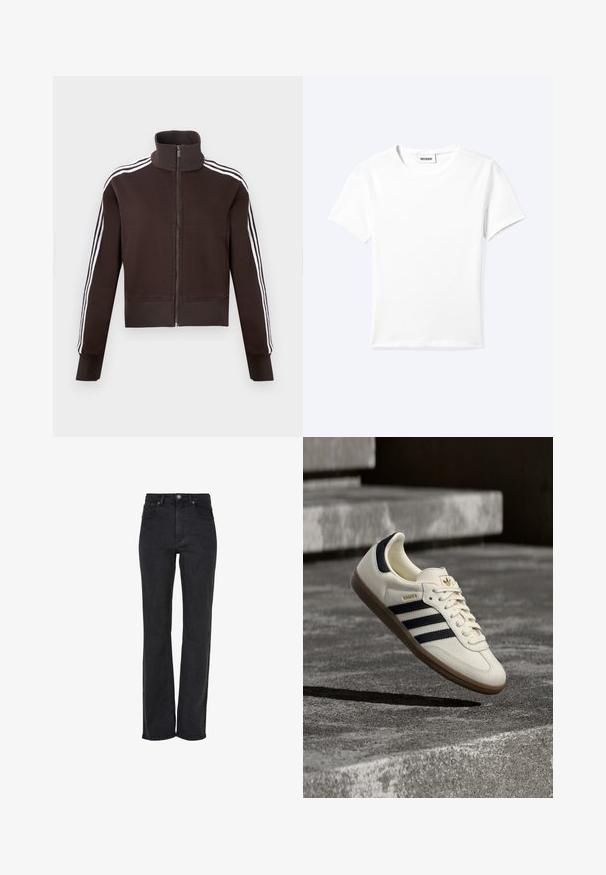 Veste marron à fermeture éclair avec col montant, dotée de bandes blanches sur les côtés et de poignets et ourlet côtelés. Tissu doux avec une coupe ajustée.; T-shirt blanc uni à manches courtes et col rond avec une petite étiquette "WEEKDAY" à l'intérieur de l'encolure, présenté à plat sur un fond clair.; Jean noir à jambe droite, taille haute, en denim, avec une fermeture à bouton à l'avant et un design à cinq poches avec des détails de couture subtils.; Baskets blanches Adidas Samba avec des bandes noires et une semelle en gomme, flottant au-dessus de marches en béton gris texturé.
