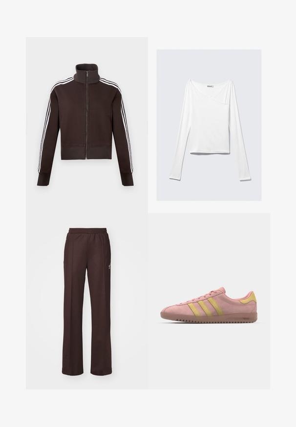 Chaqueta marrón con cremallera y cuello alto, con rayas laterales blancas y puños y dobladillo acanalados. Tejido suave con un diseño ajustado.; Top blanco de manga larga con diseño cruzado y un bolsillo. Fabricado en una tela suave y elástica. Con un corte casual y relajado.; Pantalones deportivos marrones con una cinturilla elástica, dos bolsillos laterales y un pequeño logo en el lado izquierdo, hechos de una tela suave.; Zapatilla de ante rosa con tres franjas amarillas, puntera redondeada y suela de goma texturizada. Diseño de perfil bajo con un collar acolchado.