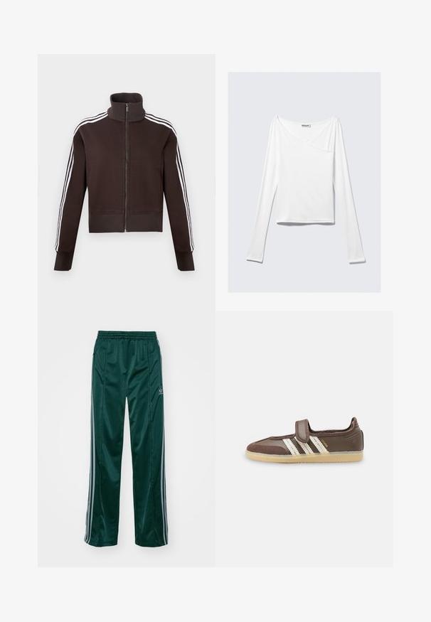 Veste marron à fermeture éclair avec col montant, dotée de bandes blanches sur les côtés et de poignets et ourlet côtelés. Tissu doux avec une coupe ajustée.; Haut blanc à manches longues avec un design croisé et une poche. Fabriqué dans un tissu lisse et extensible. Coupé dans une coupe décontractée et ample.; Pantalons de sport vert foncé en matériau brillant, avec des bandes latérales gris clair et un logo brodé sur la jambe gauche.; Baskets marron avec semelle en caoutchouc beige, trois bandes blanches sur le côté et une seule bride Velcro sur le dessus.