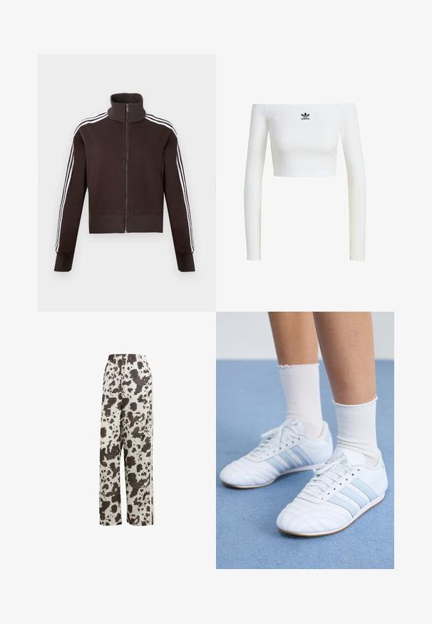 Braune Reißverschlussjacke mit hohem Kragen, weißen Seitenstreifen sowie gerippten Bündchen und Saum. Weicher Stoff mit figurbetontem Schnitt.; Weißes, schulterfreies Crop-Top aus Rippstoff mit langen Ärmeln und kleinem schwarzem Adidas-Logo auf der Vorderseite.; adidas Originals COW PRINT SATIN WIDE LEG - Jogginghose - multicolor off white; Weiße Sportschuhe aus Leder mit hellblauen Streifen, strukturiertem Zehenbereich und weißen Crew-Socken. Auf einer blauen Teppichoberfläche präsentiert.