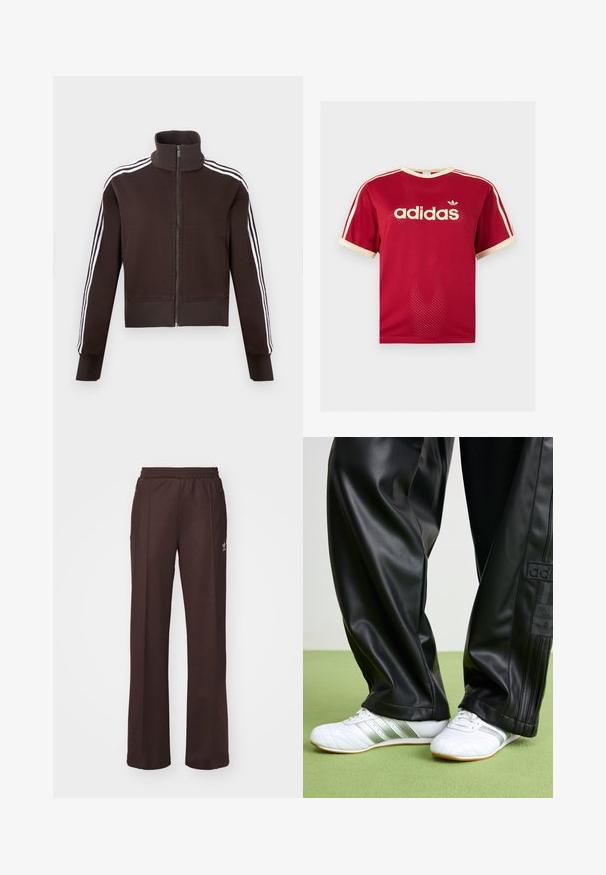 Bruine jas met ritssluiting en hoge kraag, voorzien van witte strepen aan de zijkanten en geribbelde boorden aan de mouwen en zoom. Zachte stof met een getailleerd ontwerp.; Rood Adidas mesh t-shirt met beige bies aan de kraag, mouwen en de drie strepen op de schouders, met Adidas-logo en tekst op de voorkant.; Bruine sportieve broek met een elastische tailleband, twee zijzakken en een klein logo aan de linkerzijde, gemaakt van een zachte stof.; Zwarte faux leren broek met een losse pasvorm, voorzien van een gladde textuur en zijstrepen. Gepaarde met witte sneakers met zilveren accenten.