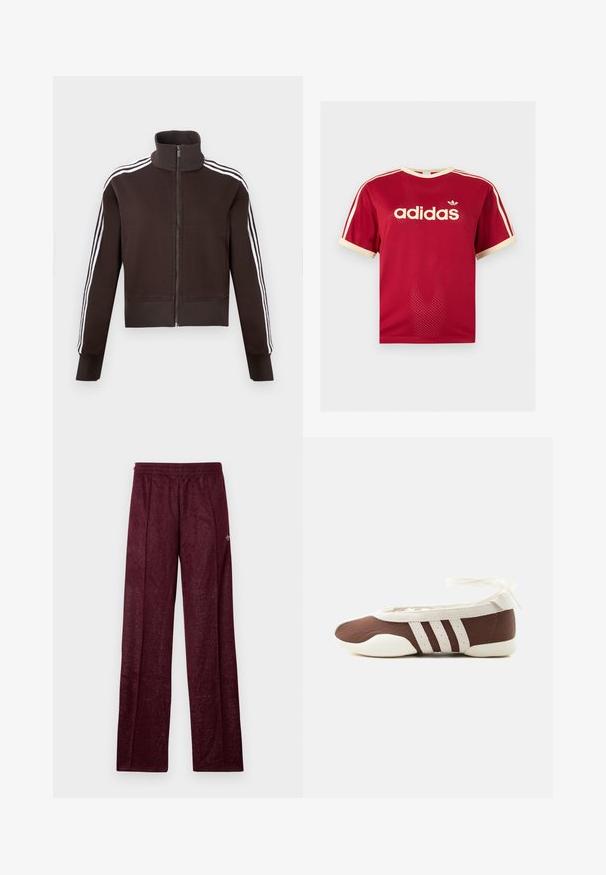 Brun lynlåsjakke med høj krave, der har hvide side striber og ribstrikkede manchetter og kant. Blødt stof med en tætsiddende pasform.; Rød Adidas mesh t-shirt med beige kant på krave, ærmer og de tre striber på skuldrene, med Adidas-logo og tekst på fronten.; Bordeaux træningsbukser lavet af tekstureret stof, med elastisk talje og sidesømme for en lige ben-design.; Brun og hvid balletflad sko med tre hvide striber og ankelbånds sløjfe på en ensartet lys baggrund.