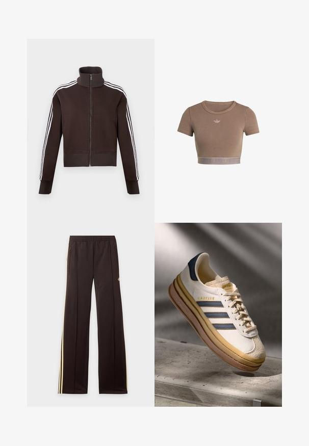 Brun lynlåsjakke med høj krave, der har hvide side striber og ribstrikkede manchetter og kant. Blødt stof med en tætsiddende pasform.; Brun ribstrikket cropped top med korte ærmer, rund halsudskæring og en tekstureret kant forneden med et diskret logo-mønster.; Sorte træningsbukser med gule sidelister, elastisk taljebånd, lynlåslommer i siderne og en lille logo på den øvre lår.; Adidas Gazelle sneaker med en creme farvet ruskindsoverdel, blå læderdetaljer, tre blå striber, beige mellemsål og brune gummisål.