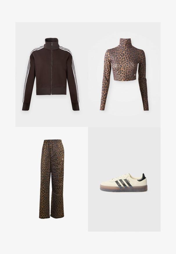 Veste marron à fermeture éclair avec col montant, dotée de bandes blanches sur les côtés et de poignets et ourlet côtelés. Tissu doux avec une coupe ajustée.; Crop top à manches longues en imprimé léopard brun et noir, avec un col haut et une texture lisse et soyeuse. Détail logo subtil en bas.; adidas Originals WIDE LEG LEO PRINT SATIN PANTS - Pantalon de survêtement - multicolor bronze strata; Baskets beiges avec trois bandes noires, bout rond, semelle en caoutchouc texturée et dessus lisse. Caractérisées par un talon rembourré et un marquage minimal.