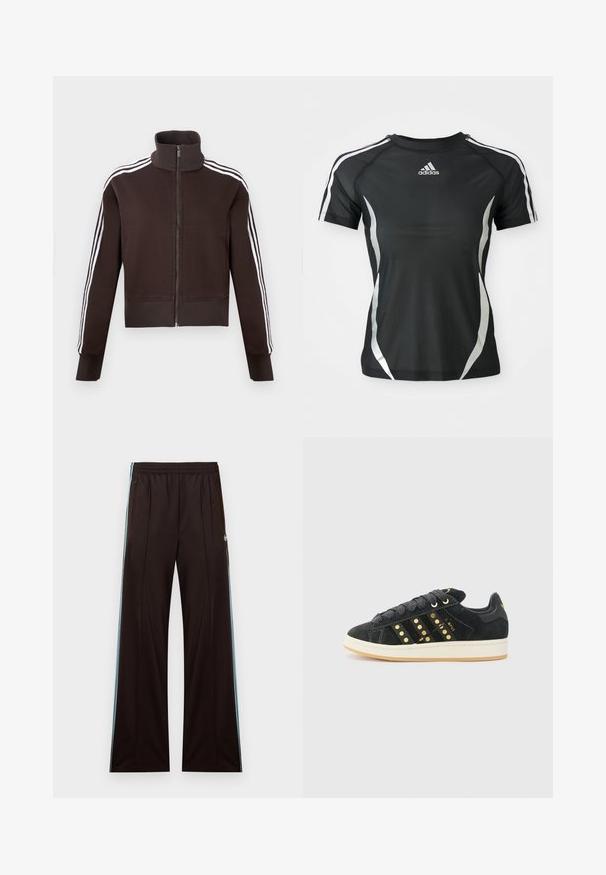 Bruine jas met ritssluiting en hoge kraag, voorzien van witte strepen aan de zijkanten en geribbelde boorden aan de mouwen en zoom. Zachte stof met een getailleerd ontwerp.; Zwarte Adidas sport T-shirt met korte mouwen, voorzien van witte strepen op de schouders en zilveren gebogen accenten aan de zijkanten.; Zwarte wijde broekspijpen trainingsbroek met lichtblauwe zijstrepen, elastische tailleband, met rits afsluitbare zakken en Adidas-logo op de linkerheup.; adidas Originals CAMPUS 00S W - Sneakers laag - core black/carbon/gold-coloured