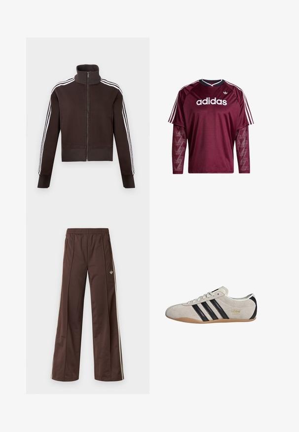 Brun lynlåsjakke med høj krave, der har hvide side striber og ribstrikkede manchetter og kant. Blødt stof med en tætsiddende pasform.; Mørkerød Adidas langærmet trøje med netærmer, hvidt logo og striber på skuldrene, sort og hvid krave, forfra.; Brune atletiske bukser med vidde ben, hvide striber på siden, elastisk linning og to sidelommer. Har et lille logo på benet.; Suedesneakers med en grå overdel, sorte striber og en gummisål. Har snørelukning og en guldfarvet logo-detalje på siden.