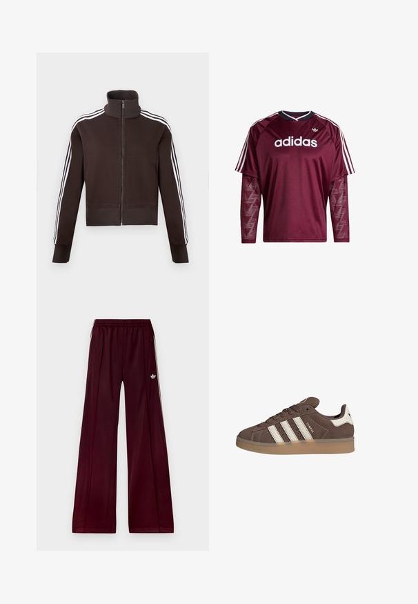 Chaqueta marrón con cremallera y cuello alto, con rayas laterales blancas y puños y dobladillo acanalados. Tejido suave con un diseño ajustado.; Camiseta de manga larga Adidas color granate con mangas de malla, logo blanco y rayas en los hombros, cuello en blanco y negro, vista frontal.; Pantalones deportivos burdeos con un ajuste relajado, hechos de un material suave, que cuentan con dos bolsillos laterales y rayas blancas en contraste a lo largo de los lados.; Zapatilla de ante marrón con detalles en cuero blanco y tres rayas blancas. Presenta una puntera redonda y una suela de goma. Logotipo en el lateral.