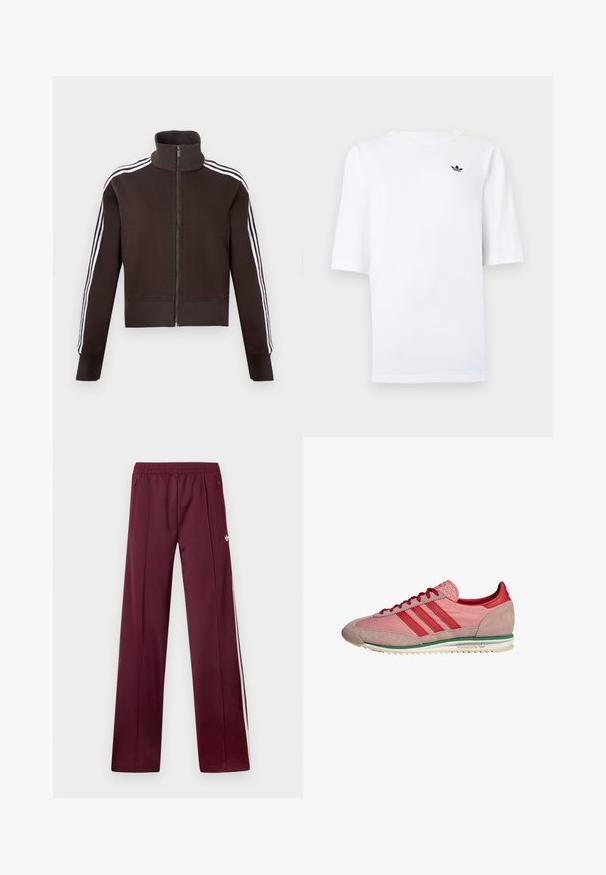 Braune Reißverschlussjacke mit hohem Kragen, weißen Seitenstreifen sowie gerippten Bündchen und Saum. Weicher Stoff mit figurbetontem Schnitt.; Weißes Adidas-T-Shirt mit kurzen Ärmeln und kleinem schwarzem Trefoil-Logo auf der linken Brust.; Bordeauxrote Trainingshose mit elastischem Bund, seitlichen Reißverschlusstaschen, weißen Seitenstreifen und kleinem weißem Adidas-Logo am rechten Oberschenkel.; Pink-rote Adidas-Sneaker mit Wildleder an Zehen- und Fersenpartie, roten Schnürsenkeln, grünem Streifen über der weißen Sohle, seitlich betrachtet.