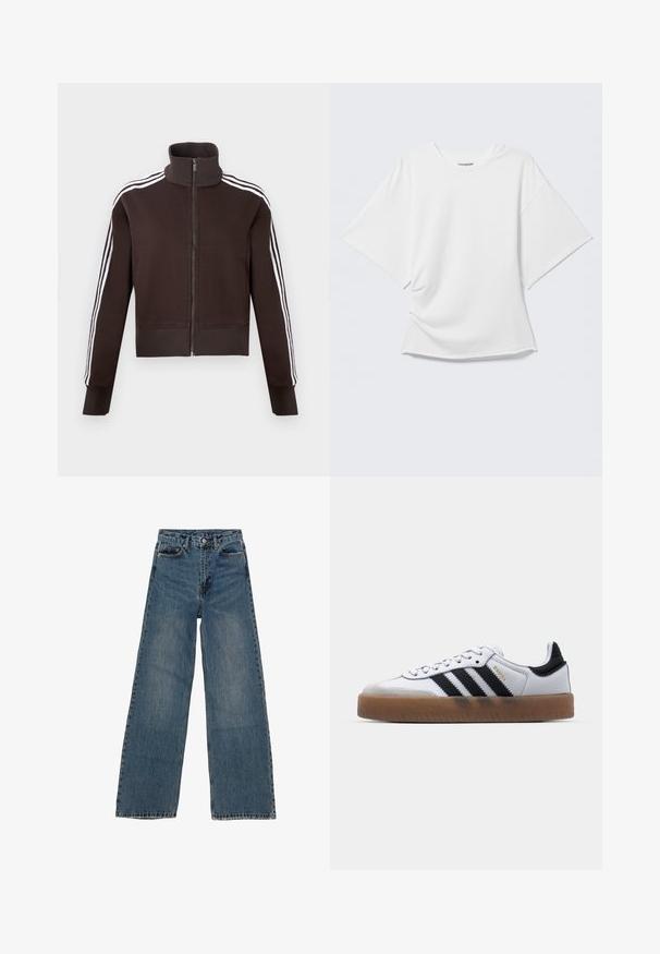 Chaqueta marrón con cremallera y cuello alto, con rayas laterales blancas y puños y dobladillo acanalados. Tejido suave con un diseño ajustado.; Camiseta blanca oversized de manga corta con cuello redondo mostrada sobre un fondo gris claro.; Jeans de mezclilla azul de pierna ancha con cintura alta, cinco bolsillos y costuras en contraste. Desvanecimientos y ligerasImperfecciones visibles en la tela.; Zapatillas de cuero blancas con rayas negras, suela de goma, puntera redonda, cierre de cordones y caperuza de ante gris suave.