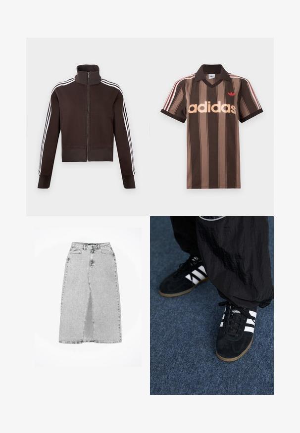 Ruskea vetoketjullinen takki, jossa on korkea kaulus, valkoiset sivuraidat sekä resorireunukset hihoissa ja helmassa. Pehmeä kangas ja istuva malli.; Ruskearaidallinen Adidas-pikeepaita, jossa on V-aukko, viininpunainen kaulus ja punainen logo. Paidassa on valkoiset ja punaiset olkapääraidat sekä lyhyet hihat.; Harmaa farkkuhame, jossa on etuleikkaus, korkea vyötärö, viisi taskua ja kirjontatietoja. Tasainen helma, jossa kevyt kuluminen. Klassinen muotoilu.; Musta samettiset urheilukengät, joissa on kolme valkoista raitaa ja mustat nauhat. Teksturoitu musta housu on osittain näkyvissä kenkien vieressä.