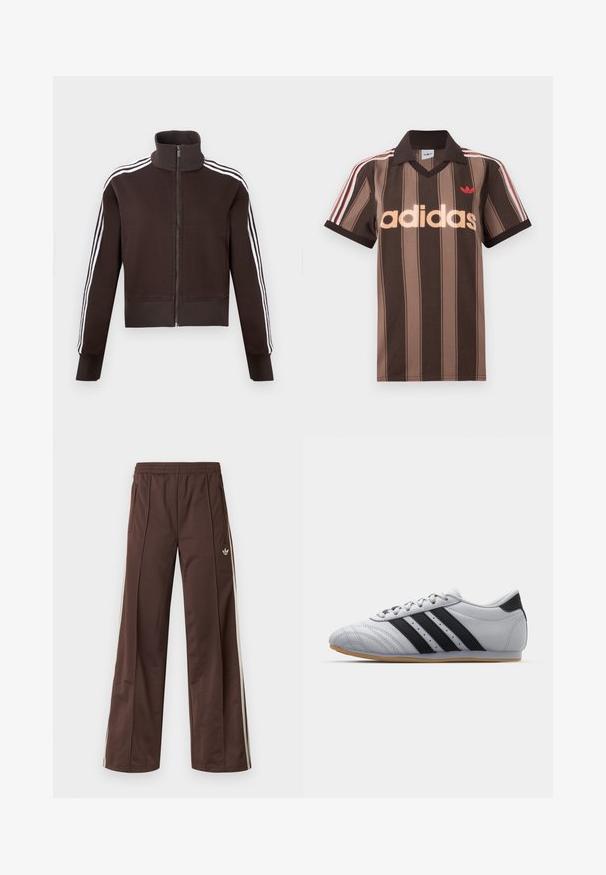 Pruun lukuga jakk kõrgema kraega, millel on valged küljeribad ning soonilised mansetid ja alläär. Pehme materjal ja vormiv lõige.; Pruunide triipudega Adidas polotee, V-kaelusega, bordeau krae ja punase logoga. Omad valge ja punase triibuga õlad ning lühikesed varrukad.; Pruunid sportpüksid laiade säärtega, valgete küljeribadega, elastse vöökohaga ja kahe küljetaskuga. Jalal on väike logo.; Hallid spordijalatsid sujuva nahkviimistlusega, millel on kolm musta triipu, ümar toes ja kummine tald.
